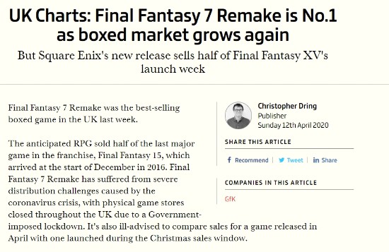 《最终幻想7：重制版》登顶英国实体销量榜 但首周成绩不及《最终幻想15》