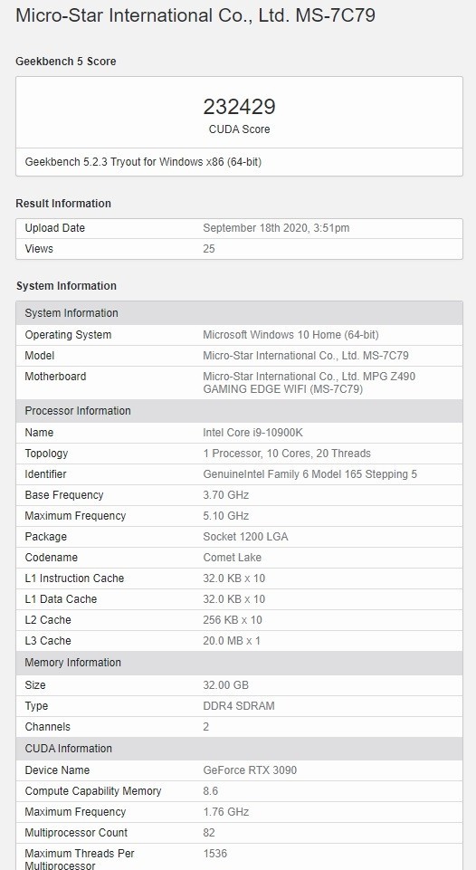 新卡皇RTX 3090现身Geekbench：CUDA跑分破纪录