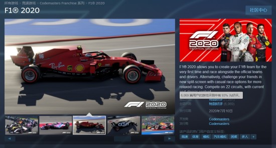 93%好评《F1 2020》Steam迎史低特惠 六折售价97元