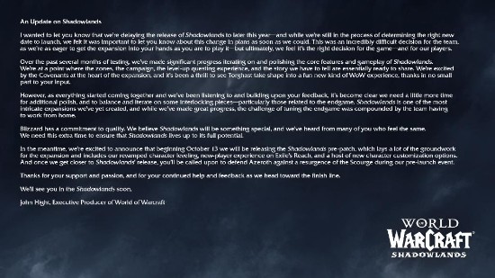 《魔兽世界》“暗影国度”延期至今年晚些时候 前夕将于10月13日上线