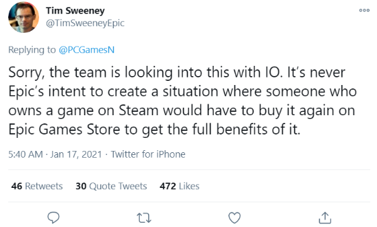 Epic总裁Tim Sweeney回应PC端《杀手3》2代关卡解锁问题：正在和IO共同努力解决