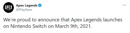 《Apex英雄》正式官宣：将于3月9日登陆NS平台 支持跨平台游戏