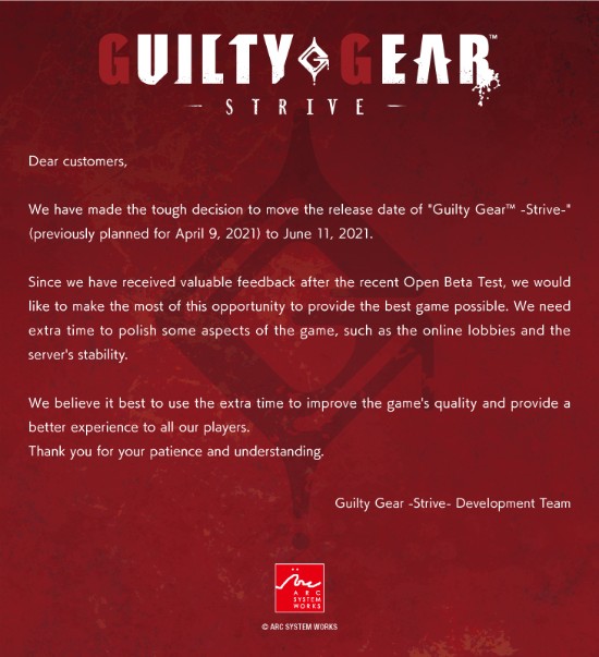 《罪恶装备：STRIVE》新作延期至6月11日发售：改善玩家在Beta测试中反馈的问题