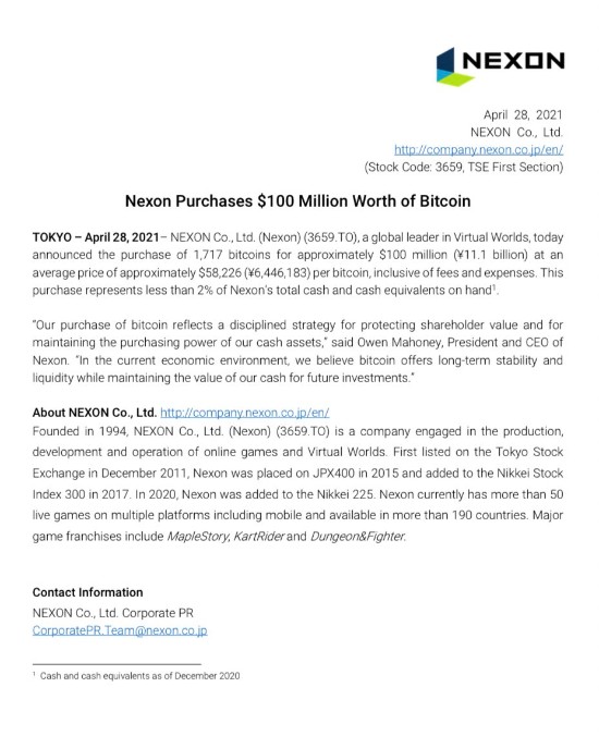 《DNF》开发商Nexon购买1亿美元比特币：有投资价值
