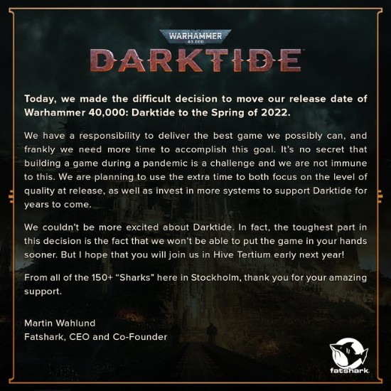 《战锤40K：暗潮》因疫情宣布跳票：延期至2022年春季发售