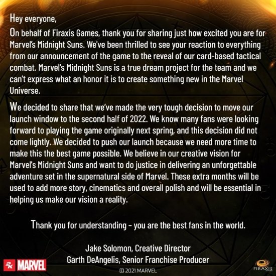 《漫威暗夜之子》延期至2022下半年发售：仍需时间提升游戏品质
