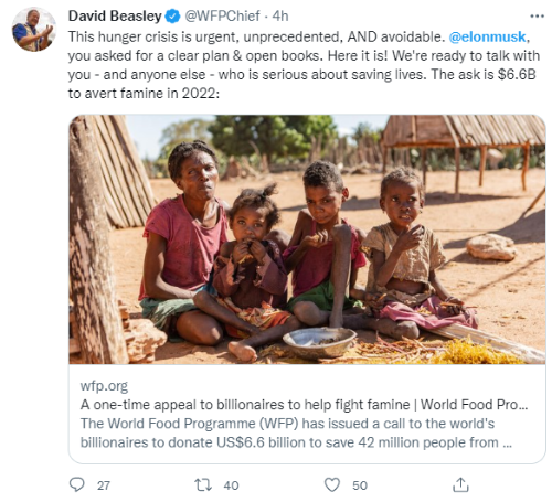 联合国粮食署公开捐款计划！喊话马斯克：可以捐钱了