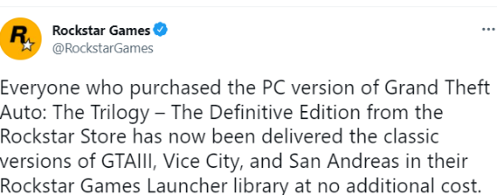 R星已向《GTA：三部曲 最终版》玩家发放原版三部曲游戏 明年7月前买也会送