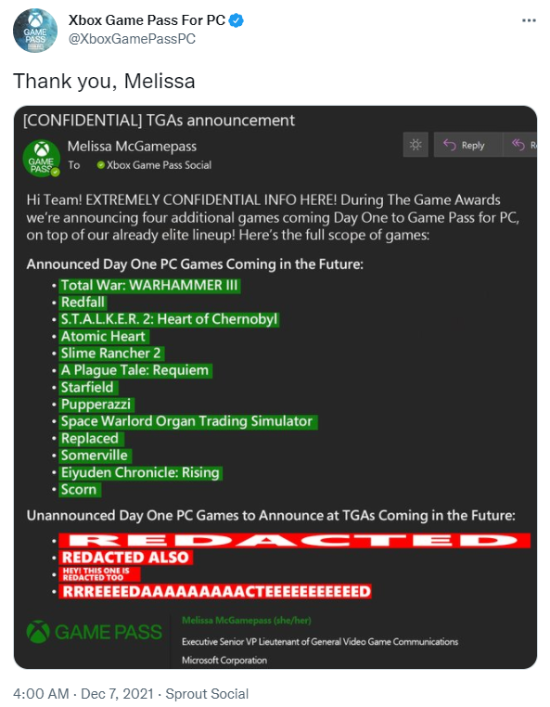 Xbox公布虚拟员工邮件：TGA首日PC版XGP新增神秘四作