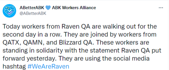 Raven工作室成员被裁惹众怒 动视暴雪员工罢工升级