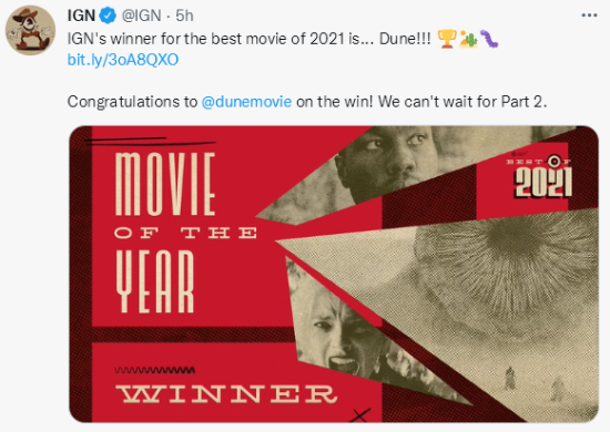 IGN评选2021年度最佳电影出炉：《沙丘》！