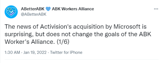 ABK工人联盟：动视暴雪被收购也会继续致力于改善其工作环境