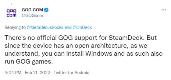 GOG不提供Steam Deck官方支持 安装Windows即可使用