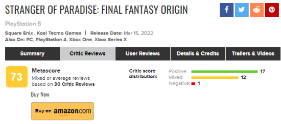 《最终幻想：起源》媒体评分解禁：M站均分73分