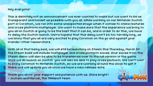 类宝可梦游戏《Coromon》宣布推迟NS版 PC版正常发售
