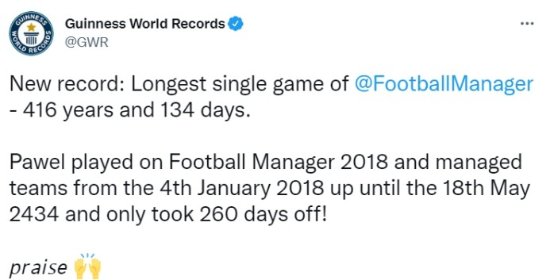 玩家一局《足球经理2018》玩了“416年”！获吉尼斯世界记录认证