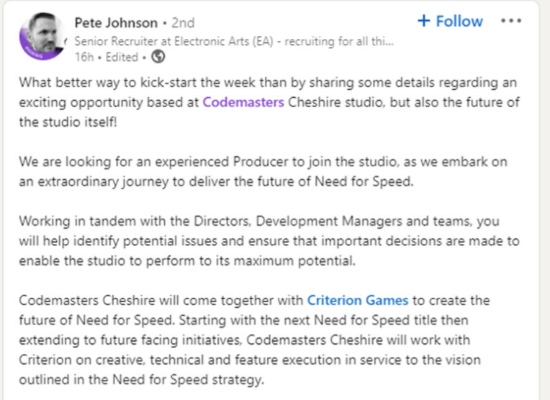 EA高管：《尘埃》开发商Codemasters Cheshire将辅助开发《极品飞车》新作