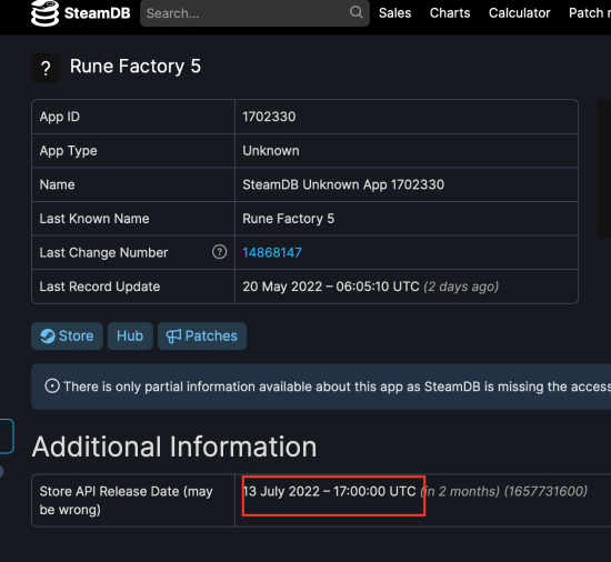 SteamDB信息更新：《符文工厂5》7月13日登陆Steam平台