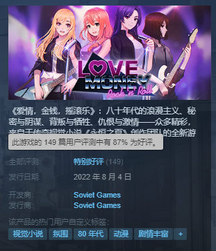 成人恋爱游戏《爱情，金钱，摇滚乐》Steam特别好评 中文评价多半差评