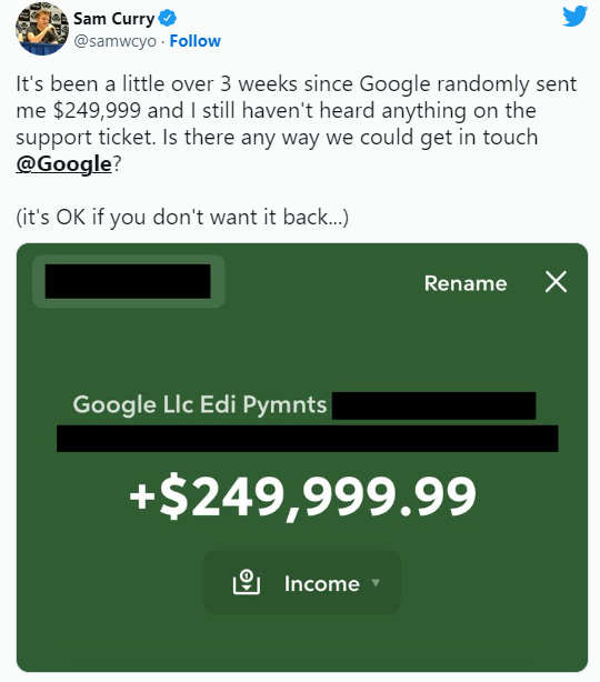 程序员意外收到174万元转账 谷歌：人为失误