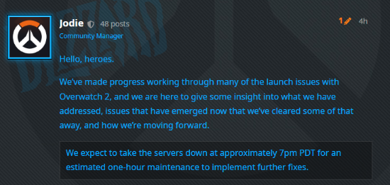《守望先锋：归来》服务器再次被关闭：今日上午10点维护1小时