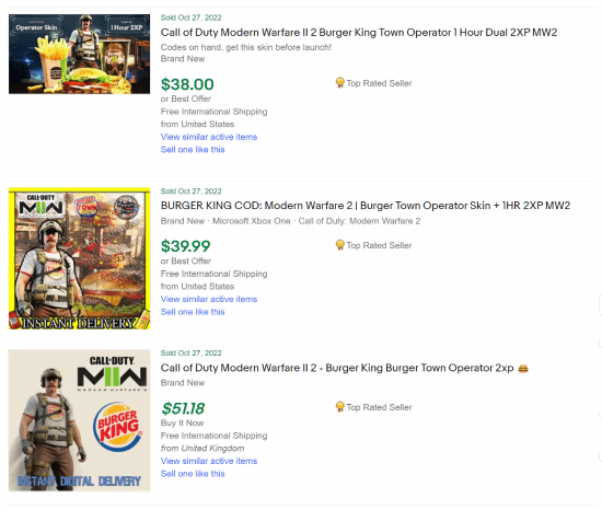 《使命召唤19：现代战争2》汉堡王皮肤现身二手网站 售价可达40美元