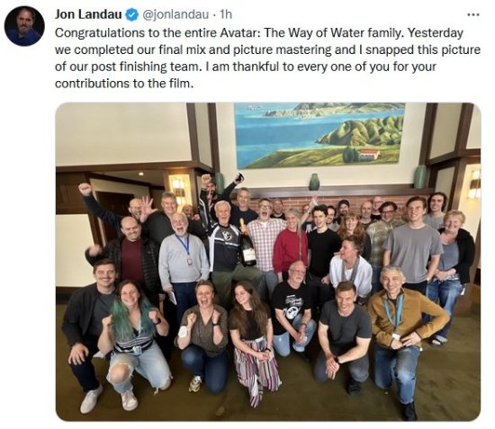 《阿凡达2：水之道》官宣制作完成 团队大合影共迎12月16日到来
