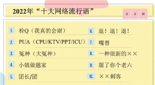 2022年十大网络流行语/热议语：栓Q、冤种等上榜