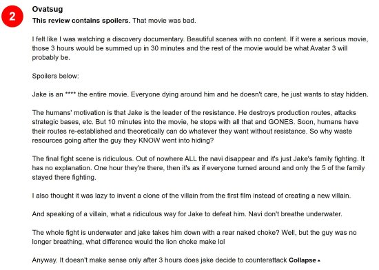 《阿凡達2》M站使用者評分7.1：特效很棒 劇情稀爛