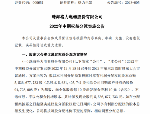 格力派发56亿现金分红！全体股东每10股派10元现金