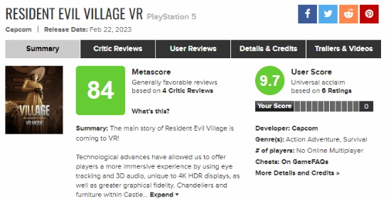 《生化危机8：村庄》VR模式M站84分：PS VR2上最值得推荐的游戏之一
