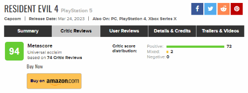 PS5版《生化危机4：重制版》PS5版M站94分 多家媒体给出满分