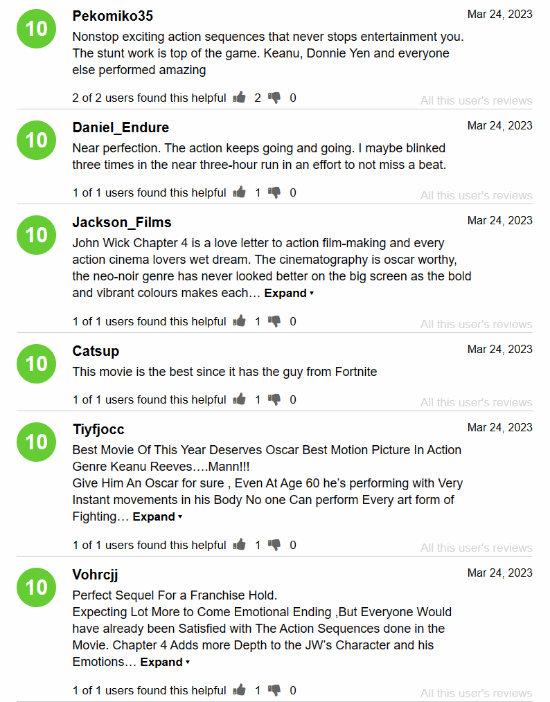 《疾速追杀4》M站用户评分9.1分：值得一个奥斯卡！