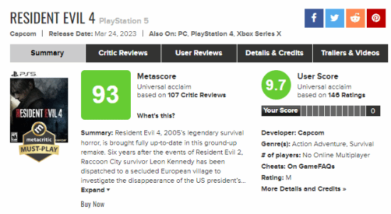 《生化危机4重制版》M站用户评分9.7：年度最佳竞争者！