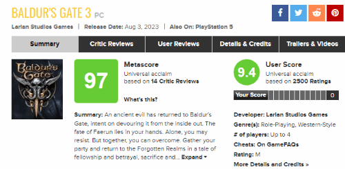 《博德3》超越王國之淚！當前M站年內評分最高游戲