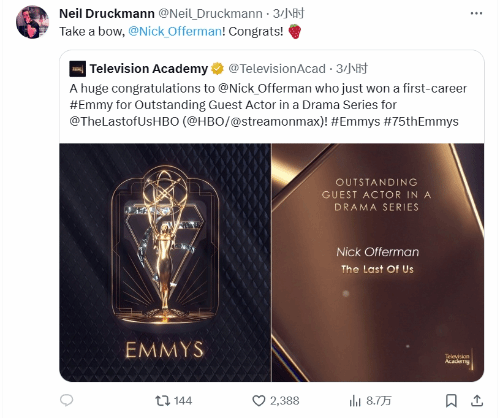 HBO《最後生還者》榮獲艾美獎八項大獎 尼爾刷屏慶祝