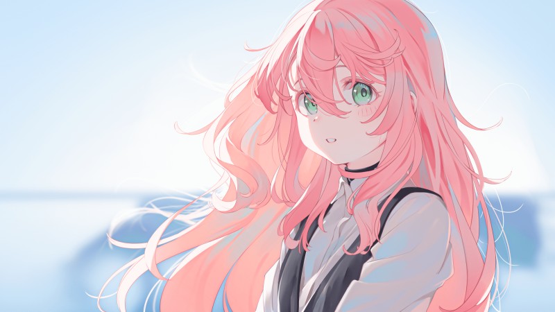 Anime girl with pink hair and green eyes